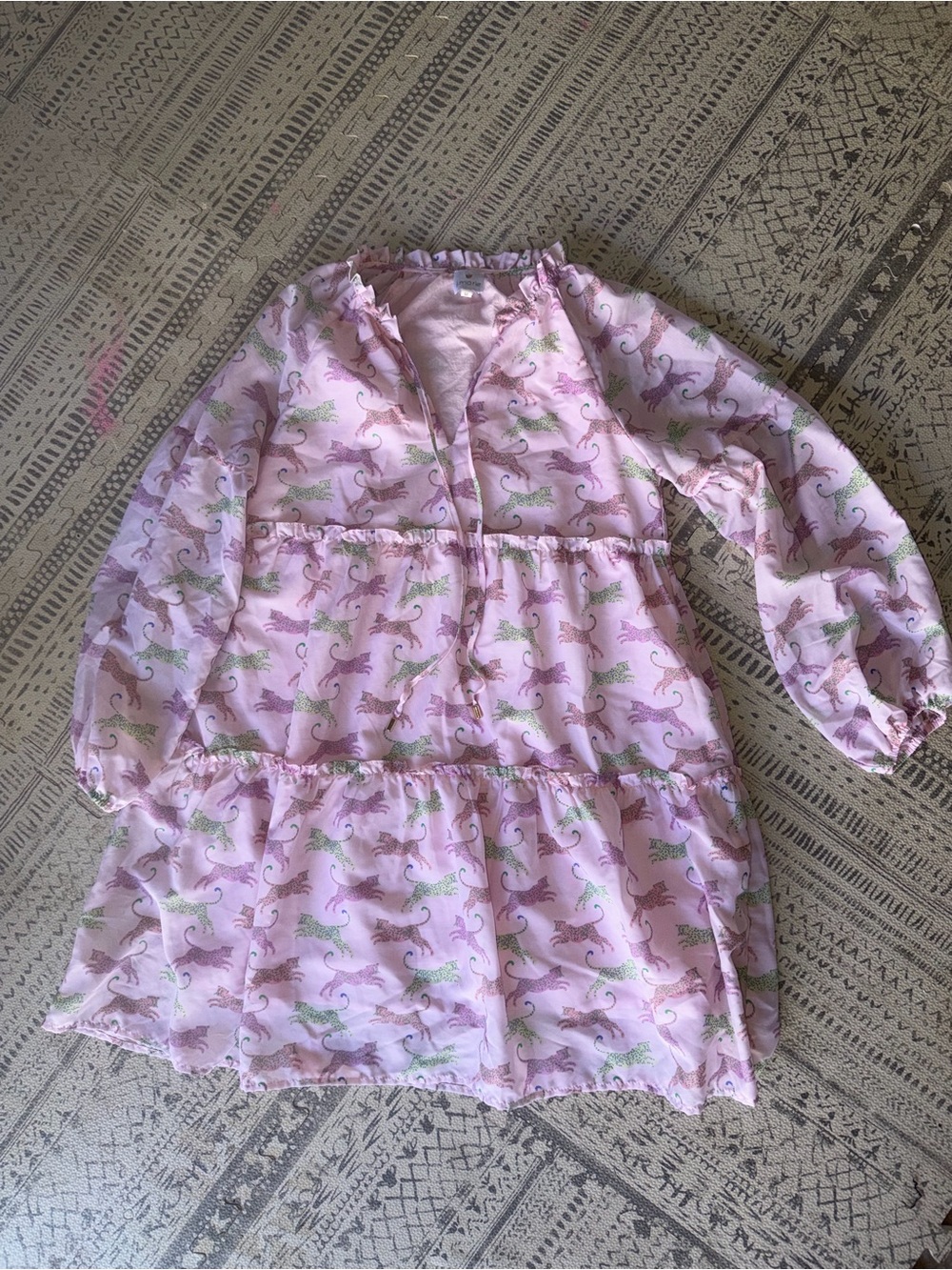 J.MARIE Long Sleeve Pink Tiered Dress with Cheetah Print